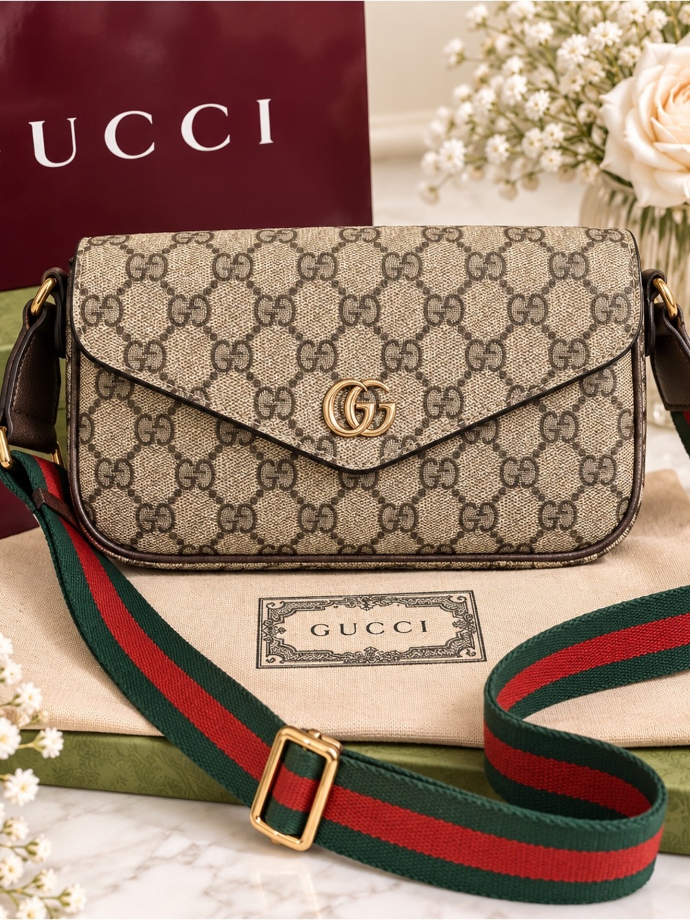 Gucci Ophidia GG Supreme Envelope Crossbody Full Set